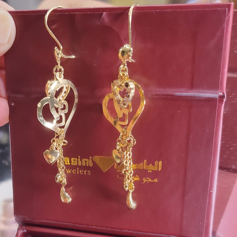 Elegent 18k Solid Gold Hearts Dangle Earrings - image 2